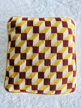 Handmade MCM Retro Needlepoint Pillow Yellow Brown Red Fall Colors 15 X 14